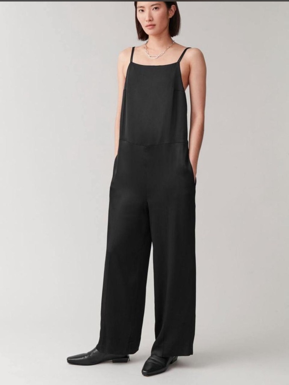 COS Double Strap Black Satin Jumpsuit Wide Leg‎